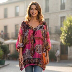 One World Sheer Peasant‎ Top Embroidered Neck Tassel Tie XL Pink Multi #84M